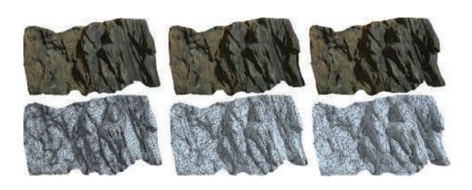 图19.29:这个悬崖的一部分具有三个不同的LOD,从左到右分别有72200个、13719个和7713个三角形。