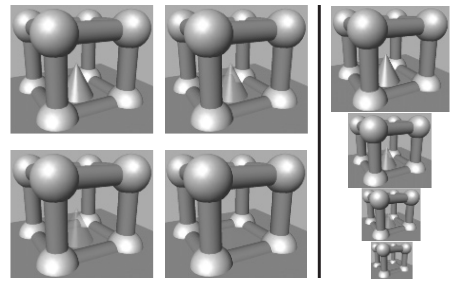 图19.32:方框中间的圆锥体使用了alpha LOD进行渲染。这个圆锥的透明度会随着距离的增加而增加,最终会完全消失。左侧图像以相同的距离进行展示,以供观察圆锥的透明度变化;而右侧图像则以不同的尺寸进行展示,以供观察实际的圆锥效果。