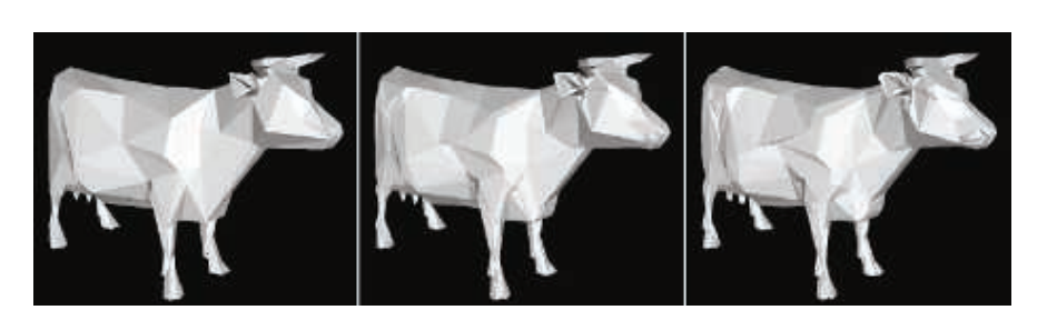 图19.33：最左边和最右边分别展示了一个低细节模型和一个高细节模型。中间则展示了一个在左右模型之间进行插值的地貌模型。请注意，中间的奶牛模型与右边的模型具有相同数量的顶点和三角形。 [1196]