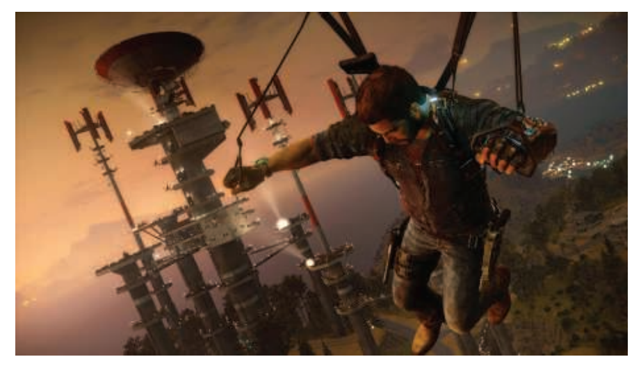 图20.1：复杂的光照情况。注意肩膀上的微小光源、以及建筑结构上的每个亮点，这些亮点实际上都是光源。右上角远处的点光同样也是光源，在那个距离它们会被渲染为点状的sprite。 [1387]