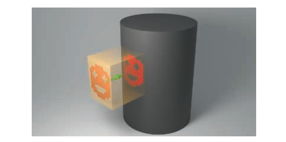 图20.4：一个box定义了一个贴花投影，并且这个贴花会应用在该box内的表面上。图中的box具有一个夸张的厚度，从而展示这个投影过程及其效果。在实践中，这个box会被做得尽可能薄，并且紧贴表面，从而尽量减少在贴花应用过程中需要测试的像素数量。