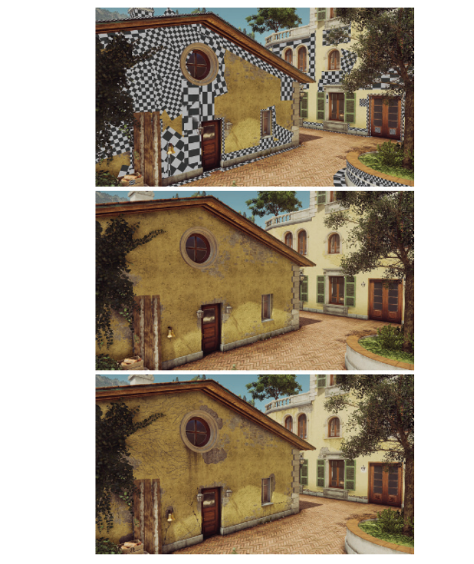 图20.5：在第一行的图像中，将颜色贴花和凹凸贴花所覆盖的区域展示为棋盘图案。第二行展示的是没有贴花的建筑。第三行图像中的建筑大约应用了200个贴花。