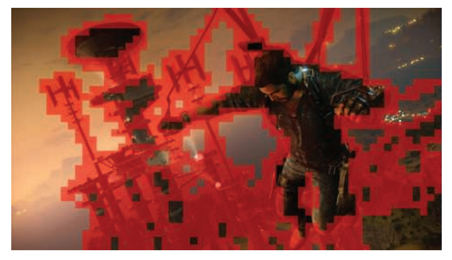 图20.8：图中红色的tile中存在较大的深度不连续性，主要集中在近景物体的边缘。 [1387]