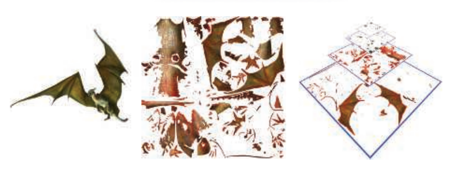 图20.14：对象空间纹理着色。左边是最终的渲染结果，包括了动态模糊。中间则展示了图表中的可见三角形。在右边，每个三角形会根据其屏幕覆盖率，插入到适当的mipmap层级中，以便在最终的基于相机的光栅化pass中进行使用。 [48]