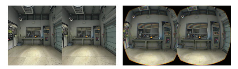 图21.3：在HTC Vive上显示的原始渲染目标（左）和它们的扭曲版本（右）。 [1823]