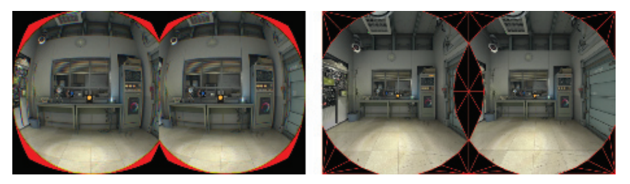 图21.5：左侧：显示图像中的红色区域展示了渲染后被扭曲的像素，实际上HMD用户是看不到这些像素的。请注意，黑色区域位于转换后渲染图像的边界之外，因此不需要对黑色区域进行渲染。右侧：这些红色区域在渲染开始的时候，会提前使用一个红边网格来进行遮挡，这可以使得渲染（预扭曲）图像需要更少的像素着色计算 [1311] 。请仔细比较右侧图像和原始图像（ 图21.3 的左侧图像）。