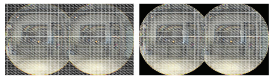 图21.6：左边展示了最终显示图像的网格。在实践中，可以对这个网格进行裁剪，使其变为右侧的裁剪版本，因为绘制那些黑色区域上的三角形，并不会给最终图像增加任何东西。 [1823]