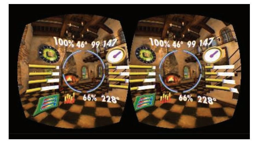 图21.10：一个内容繁多的HUD占据了大部分视野。请注意，这些HUD元素必须针对每个眼睛进行移动，从而避免混乱的深度暗示。一个更好的解决方案是考虑将这些信息直接放入虚拟世界中（作为一个实体）；或者放入是玩家角色的设备和头显中，因为用户可以倾斜或者转动头部，游戏内的头显和设备可以跟着玩家一起运动 [1311] 。想要从这幅图中看到立体效果，你可以靠近图片，在图片之间垂直放置一张小而硬的纸，并让每只眼睛都看着各自的图片。