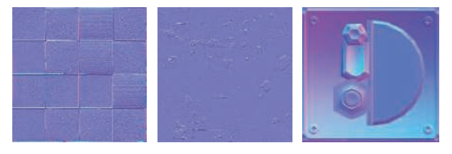 图21.11：代表较小表面特征的法线贴图（例如左边和中间的两个纹理），可以在VR中很好地工作。当凹凸纹理代表了比较大的几何特征时（例如右侧的纹理），在立体渲染中近距离观察，将无法令人信服。 [1823]