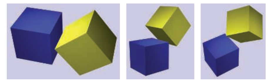 图22.6：分离轴。这里将蓝色box记作 A ，将黄色box记作 B 。第一张图片显示出， B 完全位于 A 右侧面的右边；第二张图片显示出， A 完全在 B 左下角面的下方。在第三张图像中，没有任何一个面可以构成这样一个平面，能够将两个物体完全分隔在两侧；因此由 A 的右上边缘和 B 的左下边缘的叉乘，定义了分隔两个物体的平面法线。