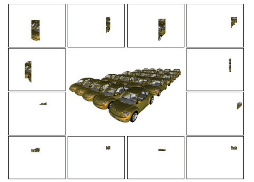 图23.18。sort-first会将屏幕划分成多个tile，并为每个tile分配一个处理器。然后将图元发送给与它们相重叠的处理器。这与sort-middle架构不同，后者需要在几何处理完成之后，再对所有的三角形进行排序。只有在所有三角形都被排序之后，才能开始逐像素的光栅化。