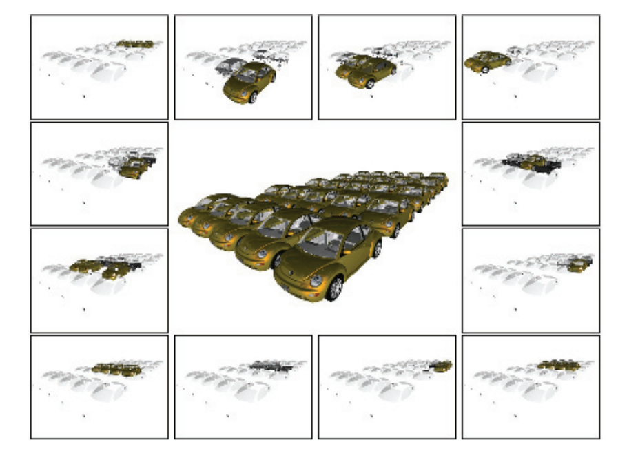图23.19：在sort-last image中，场景中的不同物体会被发送到不同的处理器中。在对最终渲染图像进行合成的时候，透明度是很难处理的，因此透明物体通常会被发送到所有节点中。