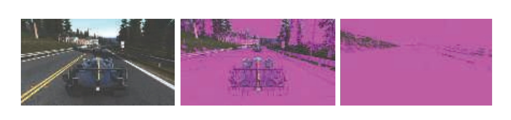 图23.26：左侧展示了渲染后的图像，中间展示了Maxwell架构（Pascal之前的架构）的压缩结果，右边展示了Pascal架构的压缩结果。图像越紫，说明缓冲区压缩的成功率越高。 [1297]