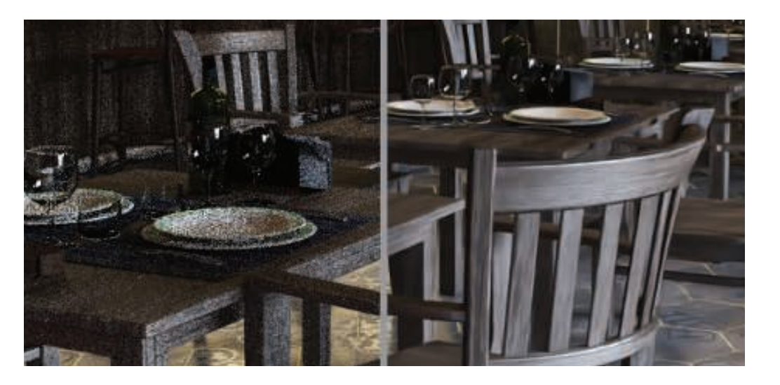 图24.2：基于神经网络的图像重建。左边是通过路径追踪生成的噪声图像。在右边的图像中，使用GPU加速的降噪算法，可以以交互式的速度来对图像进行处理。 [200]