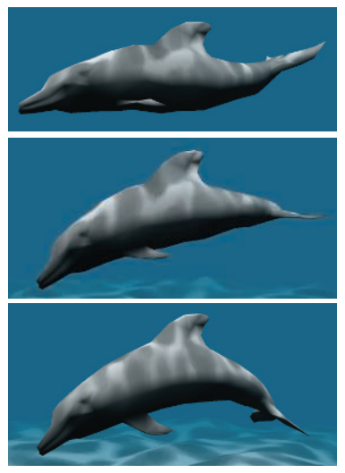 图4.14：顶点变形（vertex morphing）。每个顶点上都定义了两组位置和法线，在每一帧中，顶点着色器会对这两组位置和法线进行线性插值，从而获得中间的位置和法线。