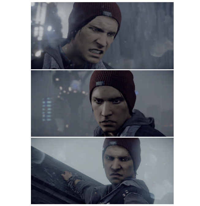 图4.16：《声名狼藉：次子》的游戏画面，角色Delsin的面部使用了形状混合来制作表情 动画 。所有的这些面部表情，都是基于一个没有表情的面部（中性），然后通过修改不同的权重，从而使得面部表情看起来不同。