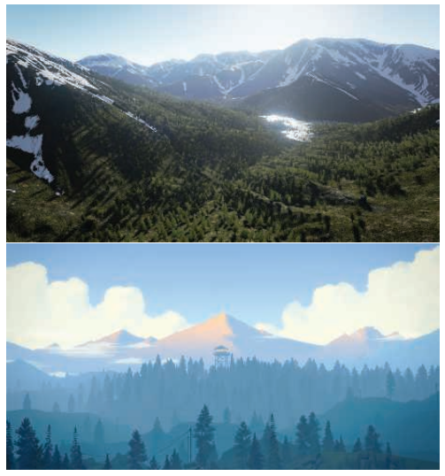 图5.1：第一行是使用虚幻引擎渲染的写实风景场景。第二行来自Campo Santo的游戏《看火人（ Firewatch ）》，它采用了一种插画式（illustrative art）的艺术风格。