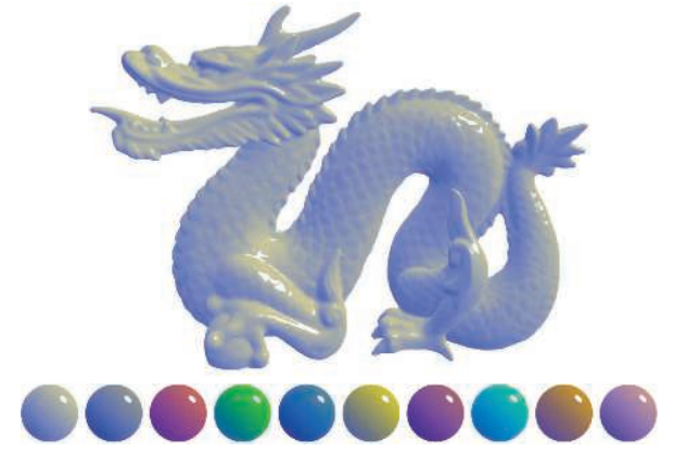 图5.2：一种风格化的着色模型，由Gooch着色模型和高光效果组成。顶部的图像展示了一个使用这个着色模型渲染的复杂对象（中国龙），它具有一个中性色调的表面颜色。下部的图像中展示了一系列具有不同表面颜色的材质球。 [1172]