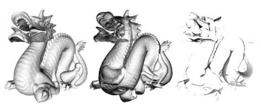 图5.35：每个深度剥离的pass都会绘制其中一层的透明物体。左图是第一个pass的渲染结果，它代表的是相机直接可见的透明图层（位于最前面）。中间展示了第二个pass的渲染结果，每个像素上都是距离相机第二近的透明表面，在这个例子中代表了透明物体的背面。右图展示了第三个pass的渲染结果，每个像素上都是距离相机第三近的透明表面。 图14.33 展示了最终的渲染结果。