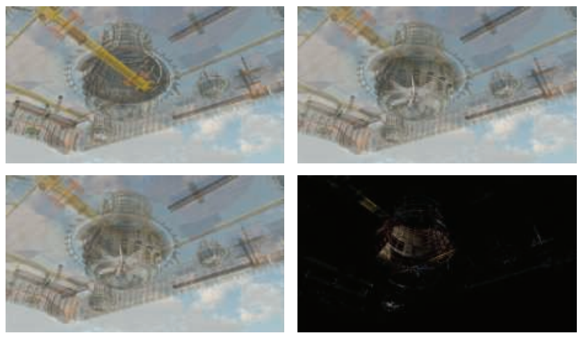 图5.36：左上角执行的是传统的、从后向前的alpha混合，由于错误的排序顺序，会导致渲染出错。右上角使用了A-buffer，给出了一个完美的，非交互式的结果。左下角使用了多层alpha混合的渲染结果。右下角展示了A-buffer和多层alpha混合之间的差异，为了便于观察，将结果颜色放大了四倍 [1532] 。