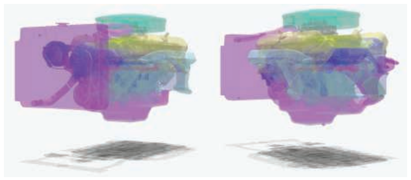 图5.38：图中展示了在两个不同的相机位置上，观察同一个引擎模型的结果，它们都使用了加权混合的顺序无关透明度算法。按照距离进行加权，有助于弄清哪些表面更加靠近观察者 [1185] 。