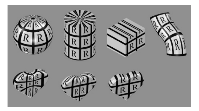 图6.4：不同的纹理投影方法。第一行从左到右分别是：球面、柱面、平面和自然 (u,v) 投影。第二行则展示了这些投影方法应用于同一个物体的结果（不包含自然投影）。