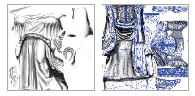 图6.6：几张用于渲染雕像模型的小纹理，它们被打包存储在两个较大的纹理中。右图展示了这个雕像的三角形网格是如何被展开的，以及是如何将纹理映射到三角形网格上的。