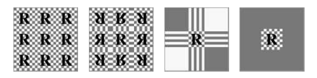 图6.7：纹理图像的不同寻址模式，从左到右分别是repeat，mirror，clamp和border。