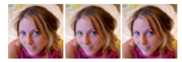 图6.8：将 48 \times 48 的纹理放大到 320 \times 320 。左：邻近过滤，每个像素都会选择距离其最近的纹素。中间：双线性过滤，使用四个最近像素的加权平均值。右：立方滤波（三次滤波），使用 5 \times 5 范围内最近像素的加权平均值。