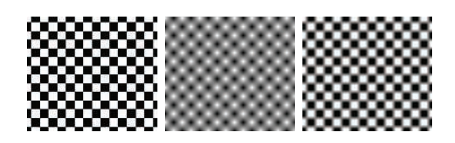 图6.10：从左到右分别是邻近过滤，双线性插值，和部分重新映射的结果，原本的纹理是一个 2 × 2 的黑白棋盘格。需要注意的是，由于纹理和图像网格并不是完美匹配的，因此邻近过滤方法所生成的正方形大小略有不同。