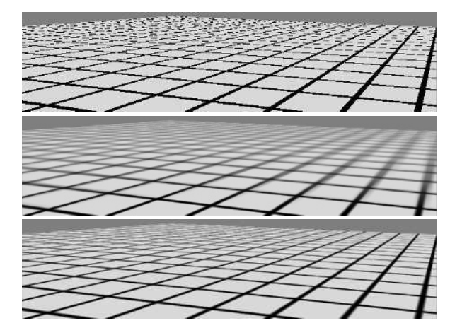 图6.14：第一行图像使用了点采样（邻近过滤），第二行图像使用了mipmap，第三行图像使用了SAT。