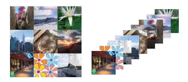 图6.20：左图：纹理图集，其中9个较小的图像被组合为一个大纹理。右图：一种更加现代的方法是将较小的图像设置为纹理数组，大多数现代API中都有类似的概念。