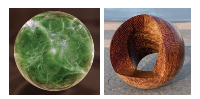 图6.24：两个使用的实时程序化纹理生成的体积纹理。左边的大理石是使用光线步进（ray marching）渲染的半透明体积纹理。右边的物体是使用复杂的程序化木材着色器 [1054] 生成的图像，并将其在“真实”环境（背景）中进行了渲染。