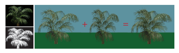 图6.27：左边是灌木纹理贴图及其对应的1 bit alpha通道贴图。右边是灌木贴图渲染在单个矩形上的效果；通过添加旋转90度的第二个矩形副本，可以创建一个廉价的三维灌木丛。