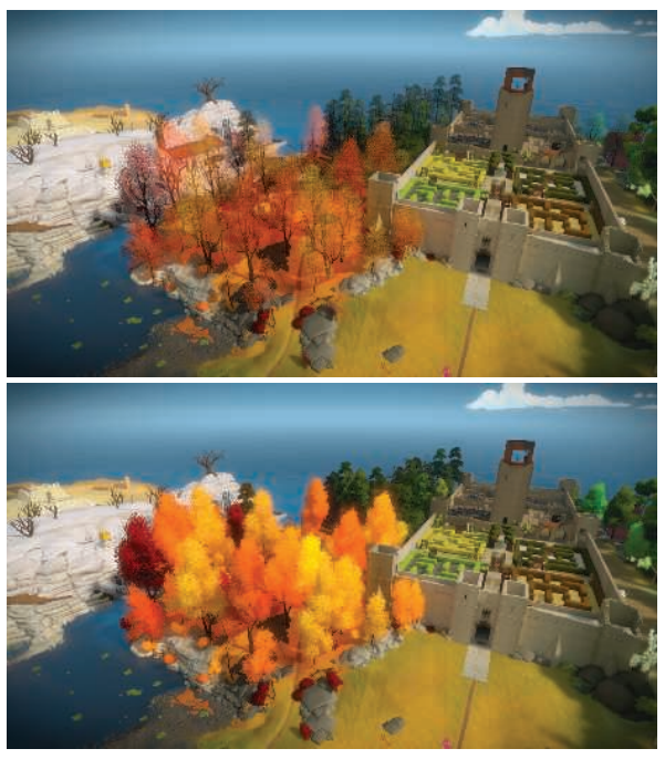 图6.29：上图：alpha测试与mipmap没有进行任何的修正。下图：根据覆盖率重新调整alpha值的alpha测试结果。