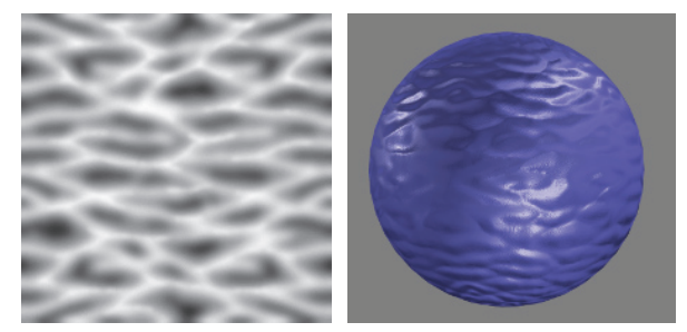 图6.34：波浪高度场凹凸图像及其在球体上的应用效果。