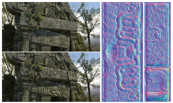 图6.36：一个在游戏场景中使用法线贴图进行凹凸映射的例子。左上角：没有应用右侧的两个法线贴图。左下角：应用了法线贴图。右边：法线贴图。