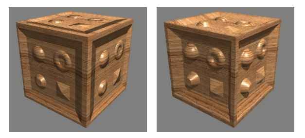 图6.40：没有使用光线步进的视差映射（左）与使用光线步进的视差映射（右）之间的对比。在没有使用光线步进的时候，立方体的顶部会变得很平坦（因为顶部处于掠射观察视角）。使用光线行进也可以产生自阴影效果。