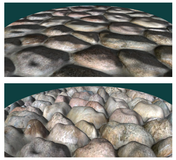 图6.41：法线映射和浮雕映射。法线映射不会产生自遮挡现象；浮雕映射在具有重复纹理的轮廓边缘上会出现问题，因为纹素矩形更像是高度场的视图，而不是真正的边界定义。