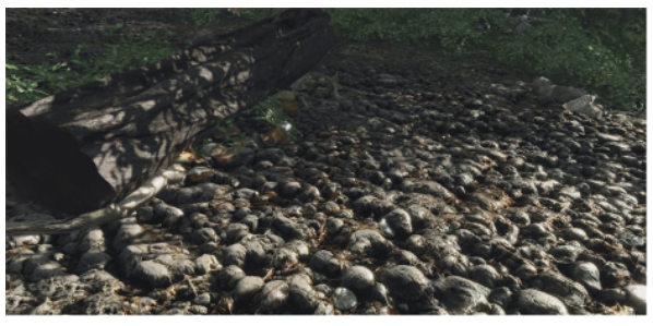 图6.42：视差遮挡映射，又名浮雕映射，将其应用在石径上，可以使得石头看起来更加真实。图中的石径地面实际上是一组简单的三角形，外加一个高度场。