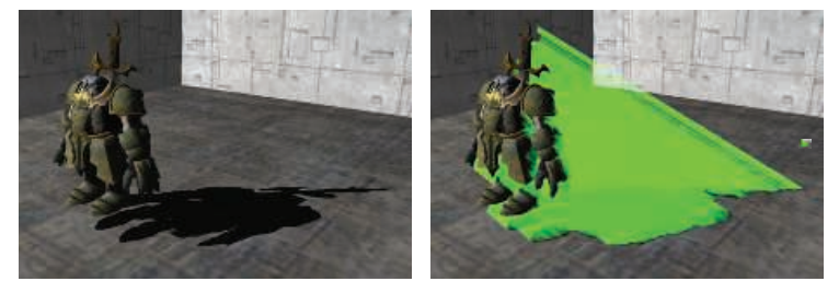 图7.9：阴影体算法。左图中的角色投射了一个影子，右边展示了这个模型所产生的阴影体三角形。 [1280]