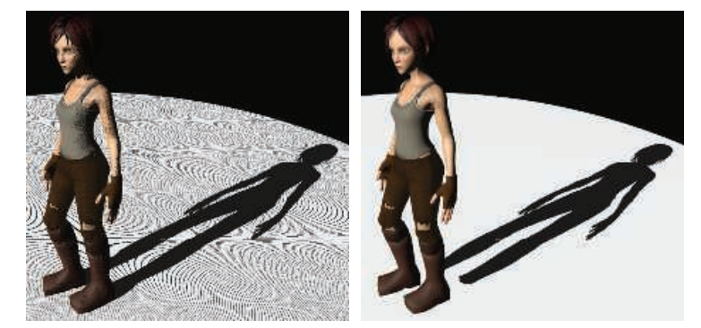 图7.12：阴影映射的偏移瑕疵。左图中所设置的偏移量太小，因此发生了自阴影现象。右图中所设置的偏移量太大，导致鞋子没有投射出与自身相接触阴影。同时阴影贴图的分辨率也太低，使得阴影具有块状外观。