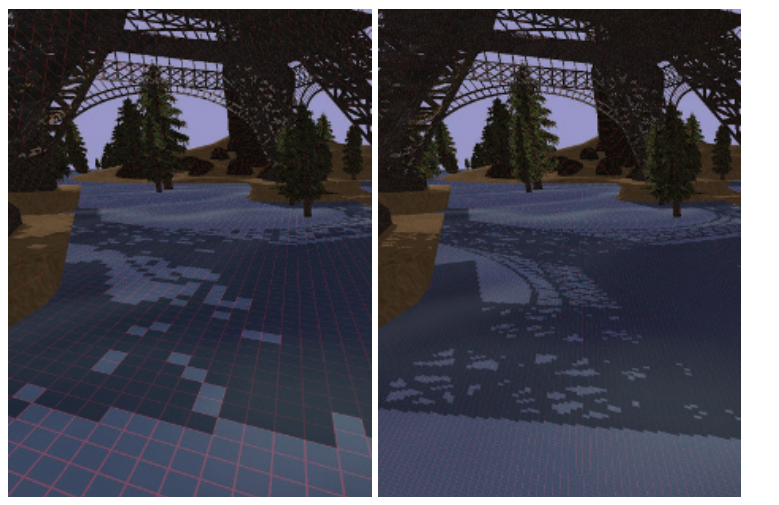 图7.15：左边的图像是使用标准的阴影映射生成的；右边的图像则使用了LiSPSM。上图还展示了每个阴影贴图纹素在地面上的投影。这两个阴影贴图具有相同的分辨率，不同之处在于，LiSPSM对光源矩阵进行了修改，在更靠近观察者的地方提供了更高的采样率。