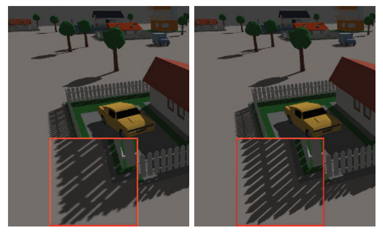 图7.19：左图：场景的可见区域很大，导致单张阴影贴图使用了 2048 \times 2048 的分辨率，从而避免透视走样（锯齿）。右图：在观察方向上使用了四个 1024 \times 1024 的阴影贴图，大大提高了阴影的质量 [1963] 。上图红框中展示了围栏前角的放大结果，可以看到右侧的阴影质量更高。