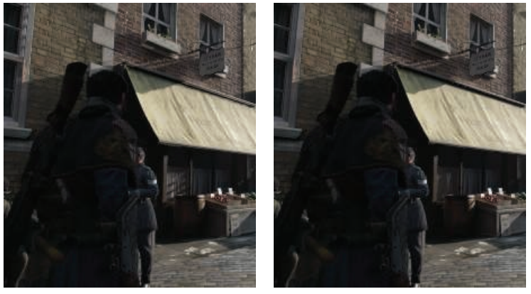 图7.21：深度包围盒对阴影质量的影响。左图中，没有使用特殊处理来调整远近裁剪平面的深度。在右边，使用了SDSM方法来寻找更加紧密的包围盒。注意上图中左侧边缘附近的窗框、二楼花盆下方的区域、以及一楼的窗户，松散的视图包围盒会导致采样不足，从而产生了瑕疵和锯齿。指数划分的阴影贴图可以用于渲染这些特定的图像，但是提高深度精度的思路对所有的阴影贴图技术而言都是有效的。