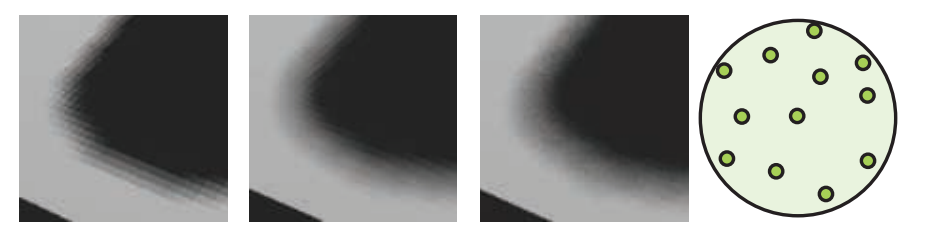 图7.23：最左边的图片展示了 4×4 网格模式下，使用最近邻居采样的PCF结果。最右边的图片展示了圆盘上包含12个点的泊松采样模式，使用这种模式对阴影贴图进行采样，可以获得稍微改进的结果（第二张图片），但是仍然可以看到一些锯齿。在第三张图片中，采样模式围绕中心进行逐像素的随机旋转，可以看到结构化阴影锯齿变成了噪声（不那么令人反感）。