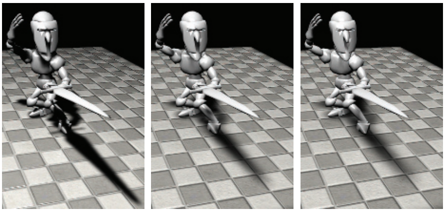 图7.27：方差阴影映射（VSM），其中遮挡物到光源的距离，从左到右逐渐增加。 [1300]