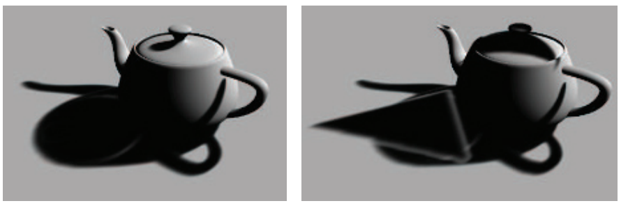 图7.28：左图：使用了VSM来生成茶壶的阴影。右图：一个位于上方的三角形（未显示在图中）在茶壶上投射下阴影，产生了令人反感的阴影瑕疵。