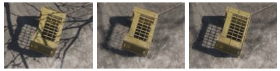 图7.31：左图：PCF会为所有物体都生成均匀的软阴影。中间：PCSS会根据与遮挡物的距离，来对阴影进行软化，但是与板条箱左下角重叠的树枝阴影，会产生一些瑕疵。右图：将来自IZB的尖锐阴影与来自PCSS的柔和阴影进行混合，给出了一个改进的结果。 [1711]