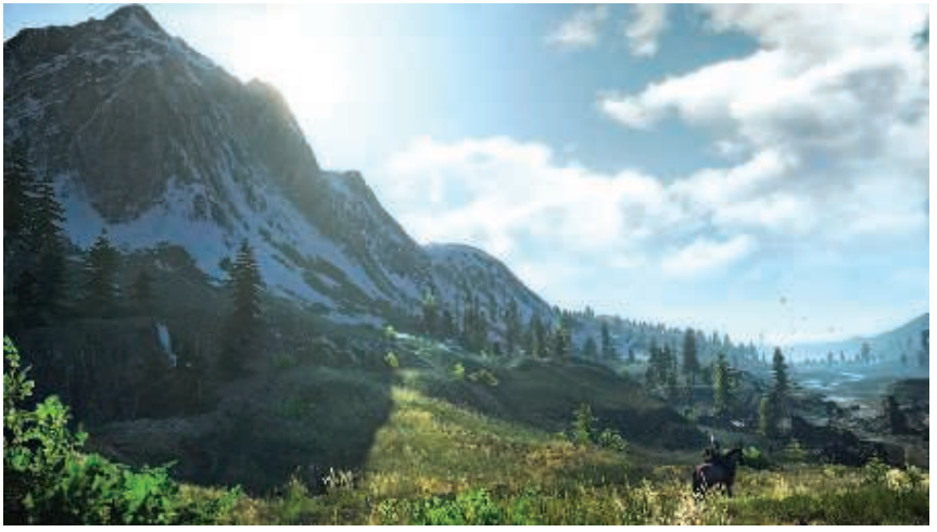 图7.32：每个高度场位置都会计算第一次看见太阳时的高度，然后使用这个高度信息来渲染地形的阴影。请注意阴影边缘的树木，是如何被正确渲染出阴影的。 [555]